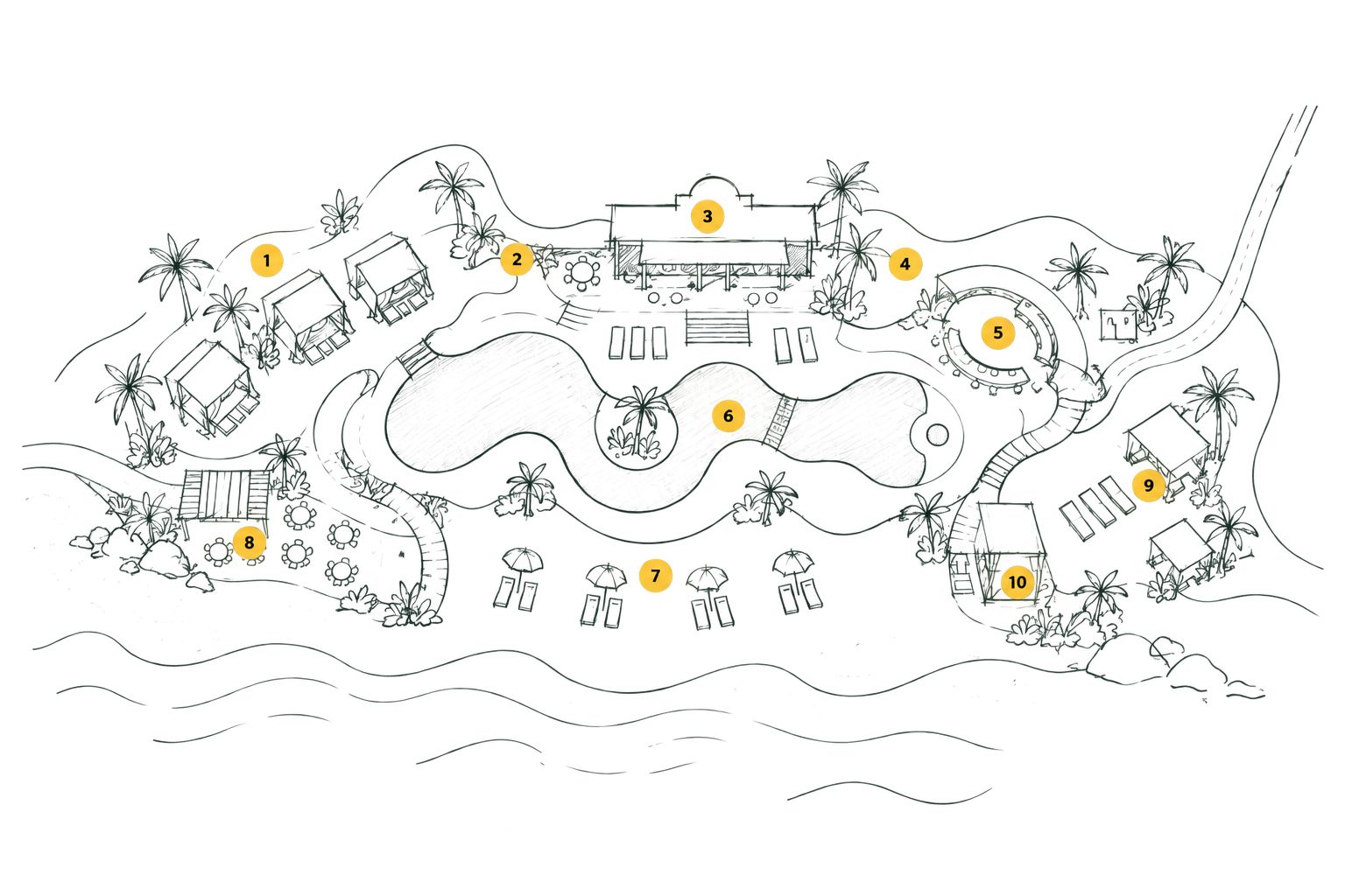 Hand-drawn map of the beach club with numbered places